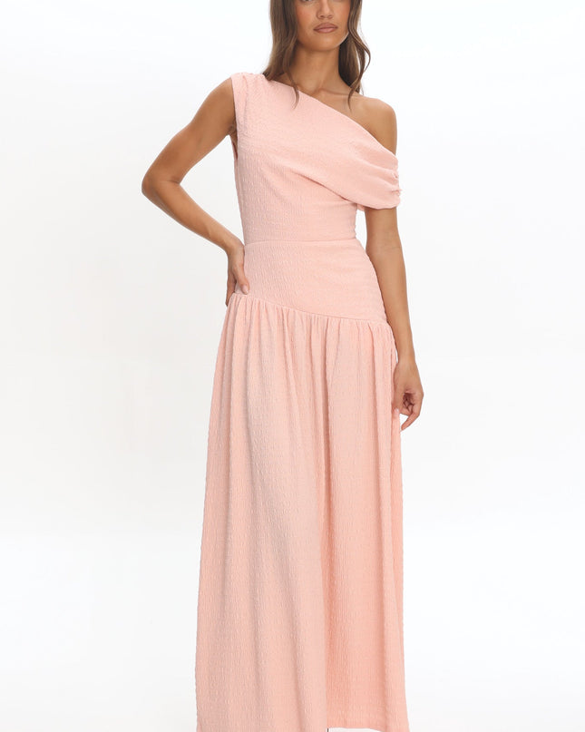 Peach Asymmetric Shoulder Textured Maxi Dress