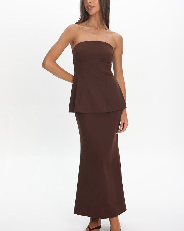 Chocolate Strapless Flared Waist Maxi Dress