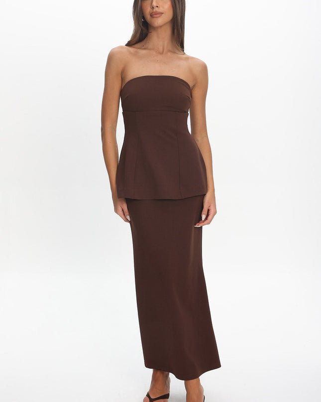 Chocolate Strapless Flared Waist Maxi Dress