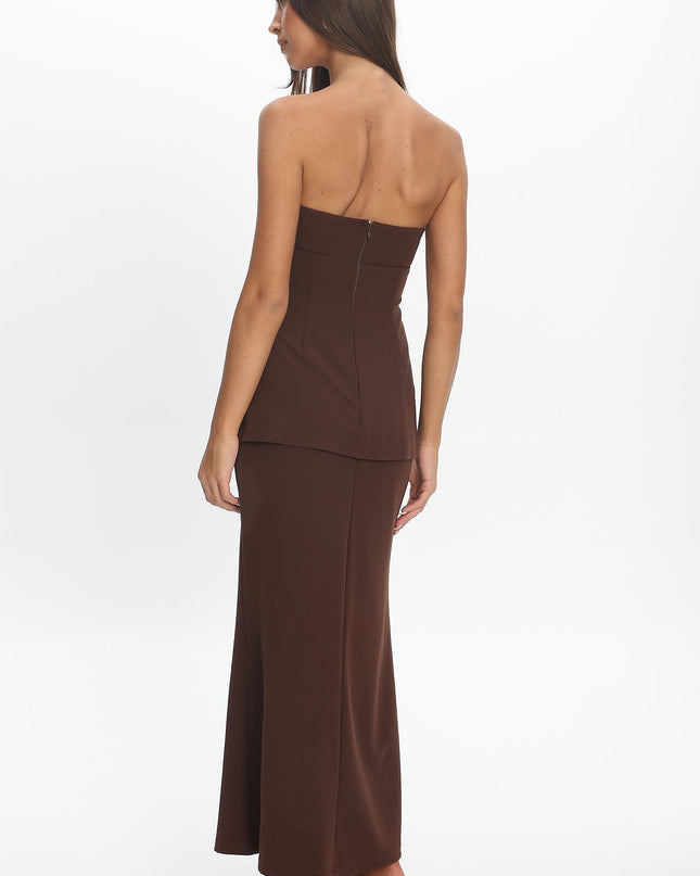 Chocolate Strapless Flared Waist Maxi Dress
