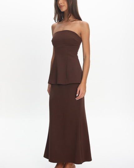 Chocolate Strapless Flared Waist Maxi Dress