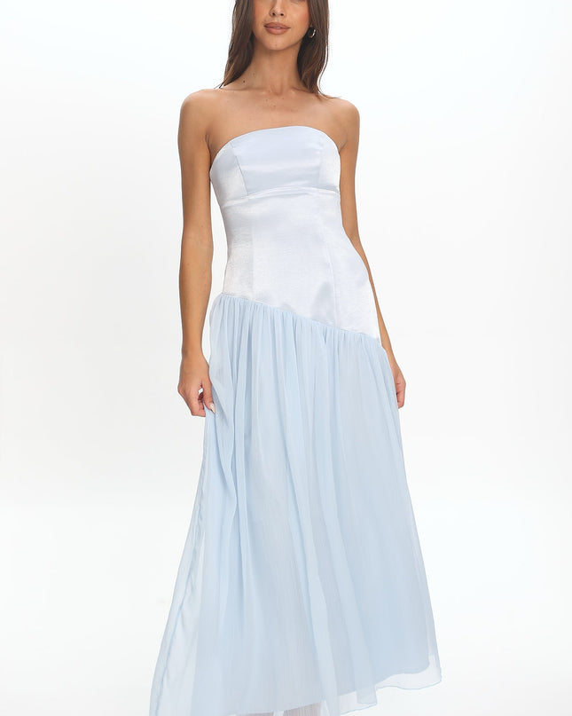 Blue Asymmetric Drop Waist Maxi Dress