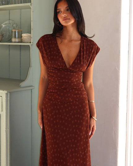 Chocolate Ruched Bodice Maxi Dress Embroidered
