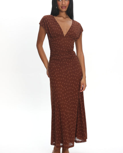 Chocolate Ruched Bodice Maxi Dress Embroidered