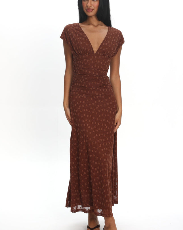 Chocolate Ruched Bodice Maxi Dress Embroidered