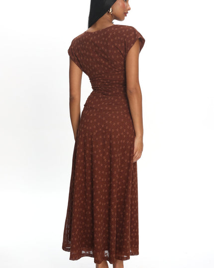 Chocolate Ruched Bodice Maxi Dress Embroidered