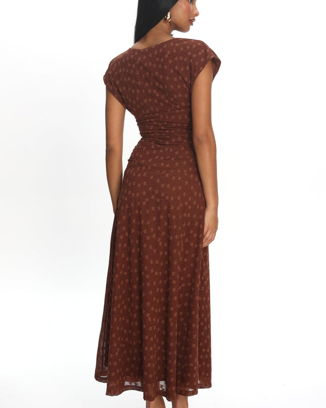 Chocolate Ruched Bodice Maxi Dress Embroidered