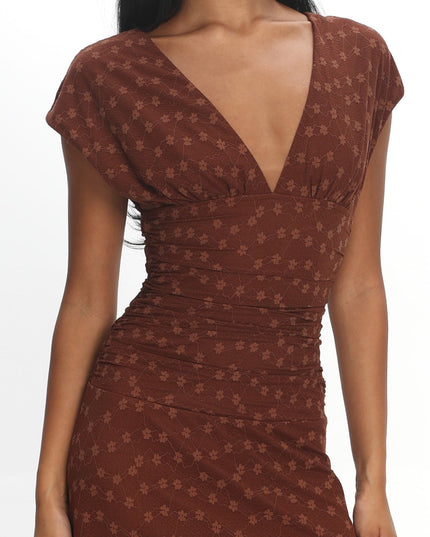 Chocolate Ruched Bodice Maxi Dress Embroidered