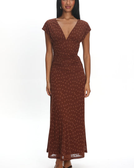 Chocolate Ruched Bodice Maxi Dress Embroidered