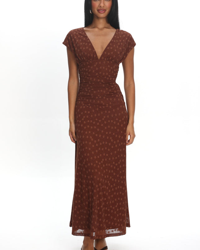 Chocolate Ruched Bodice Maxi Dress Embroidered
