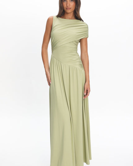 Olive Ruched Asymmetric Waist Maxi Dress