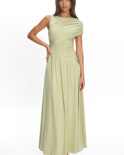 Olive Ruched Asymmetric Waist Maxi Dress