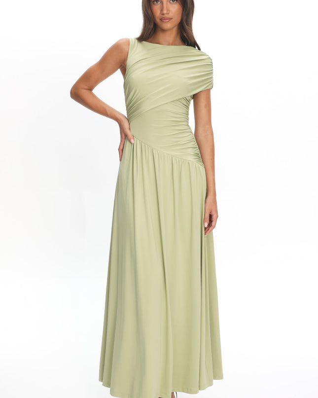 Olive Ruched Asymmetric Waist Maxi Dress