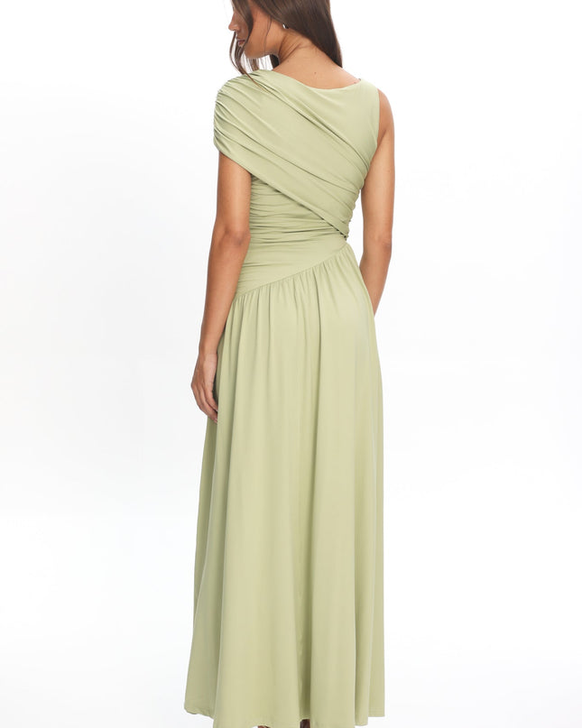 Olive Ruched Asymmetric Waist Maxi Dress