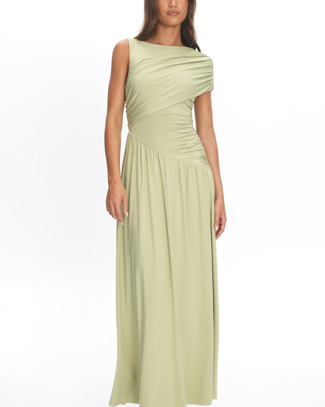 Olive Ruched Asymmetric Waist Maxi Dress