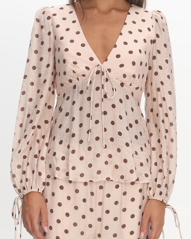 Cream Balloon Sleeve Top Polka Dot