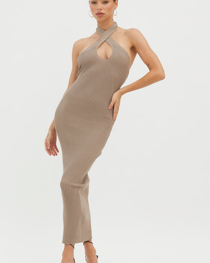Latte Halterneck Ribbed Knit Midi Dress
