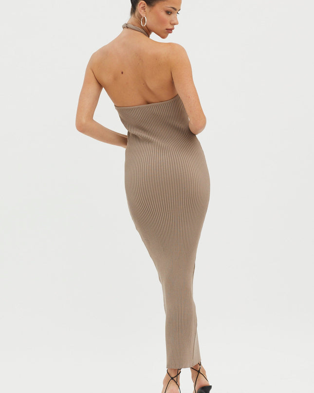 Latte Halterneck Ribbed Knit Midi Dress