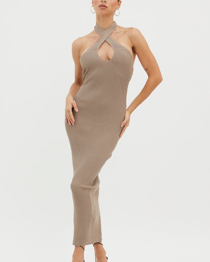 Latte Halterneck Ribbed Knit Midi Dress