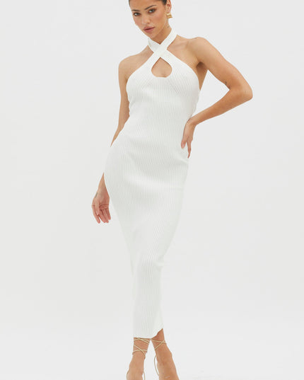 White Halterneck Ribbed Knit Midi Dress