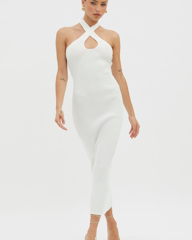 White Halterneck Ribbed Knit Midi Dress