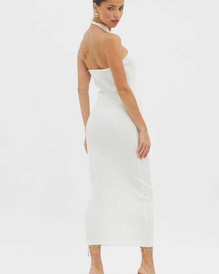 White Halterneck Ribbed Knit Midi Dress