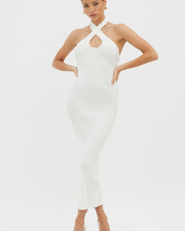 White Halterneck Ribbed Knit Midi Dress