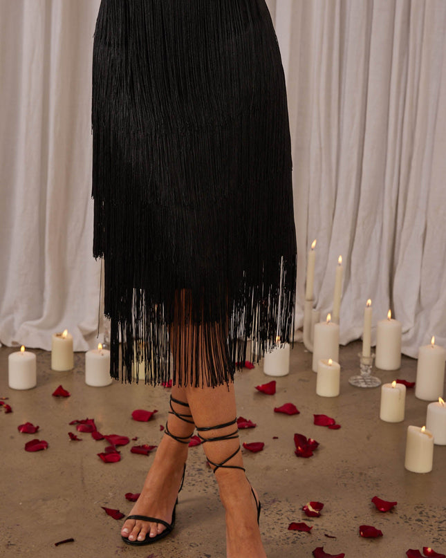 Black Tiered Fringe Midi Skirt