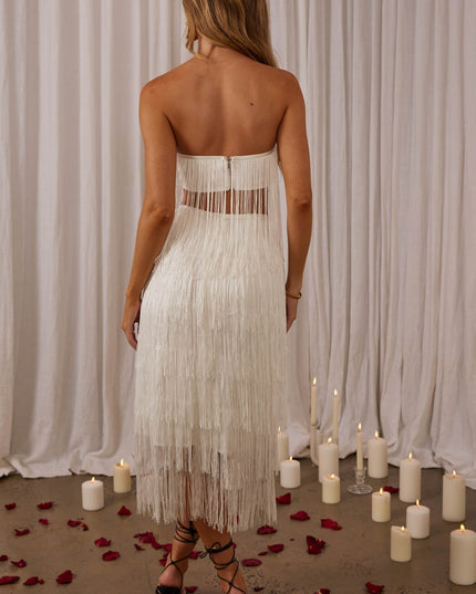 White Tiered Fringe Midi Skirt