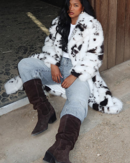 White/Brown Faux Fur Waist Tie Coat Animal Print