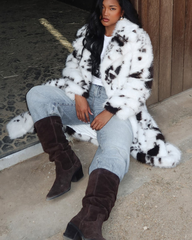 White/Brown Faux Fur Waist Tie Coat Animal Print