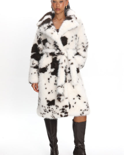 White/Brown Faux Fur Waist Tie Coat Animal Print