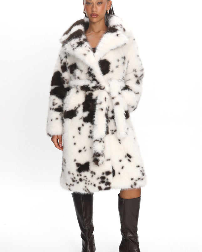White/Brown Faux Fur Waist Tie Coat Animal Print