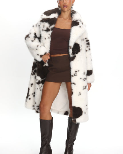 White/Brown Faux Fur Waist Tie Coat Animal Print