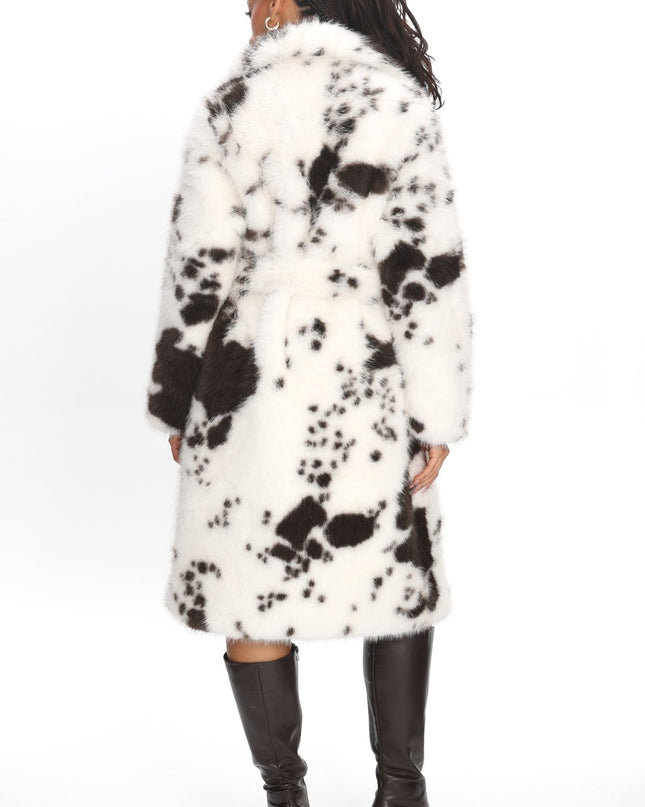 White/Brown Faux Fur Waist Tie Coat Animal Print