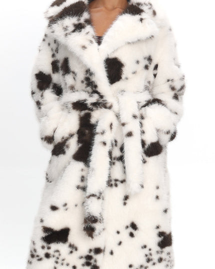 White/Brown Faux Fur Waist Tie Coat Animal Print