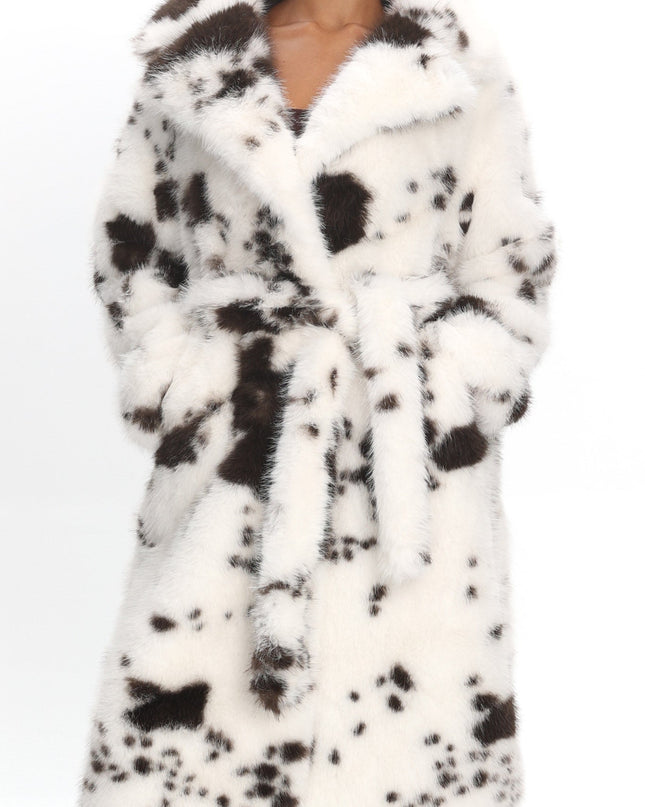 White/Brown Faux Fur Waist Tie Coat Animal Print