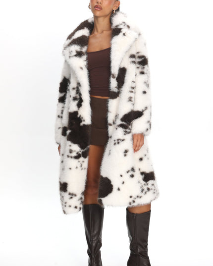 White/Brown Faux Fur Waist Tie Coat Animal Print