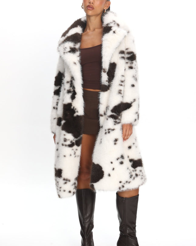 White/Brown Faux Fur Waist Tie Coat Animal Print