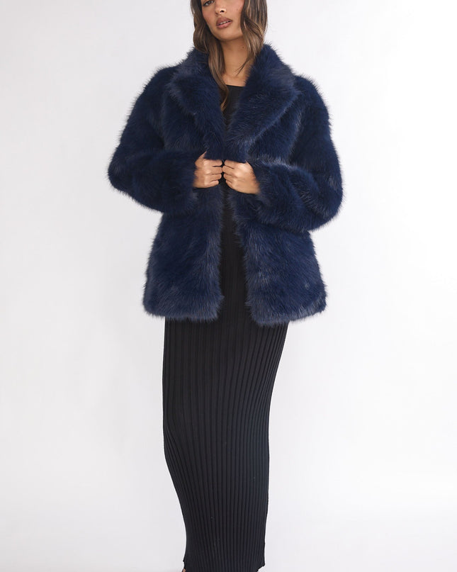 Navy Faux Fur Pocket Coat