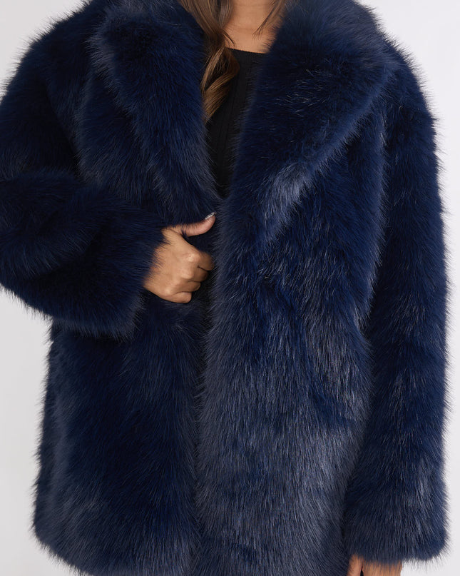 Navy Faux Fur Pocket Coat