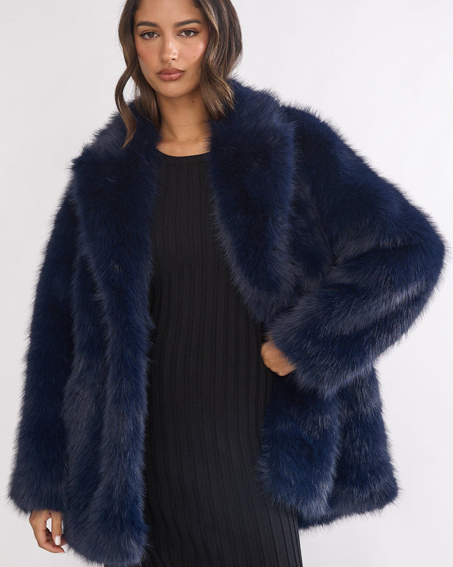 Navy Faux Fur Pocket Coat