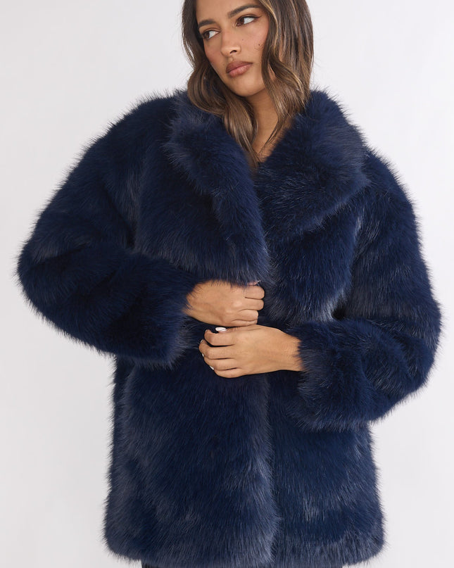 Navy Faux Fur Pocket Coat