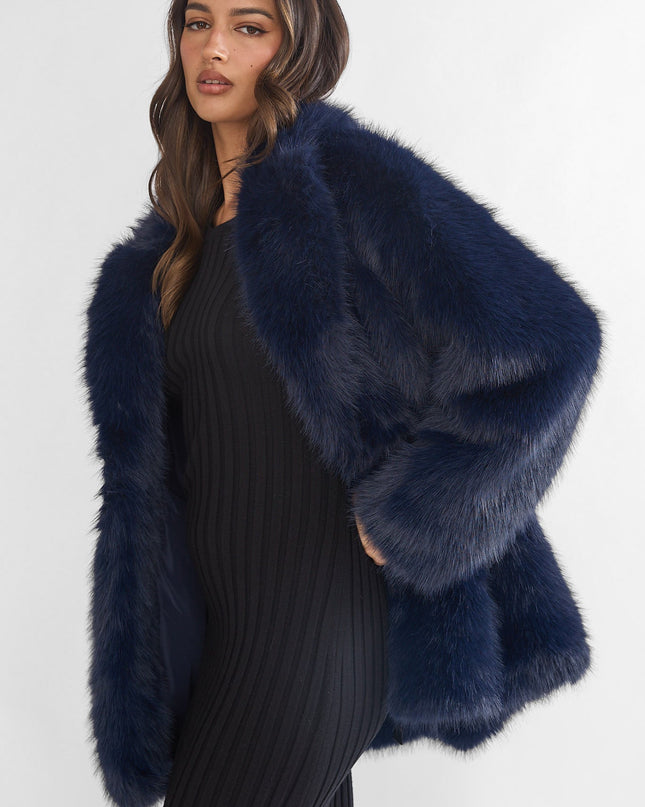 Navy Faux Fur Pocket Coat