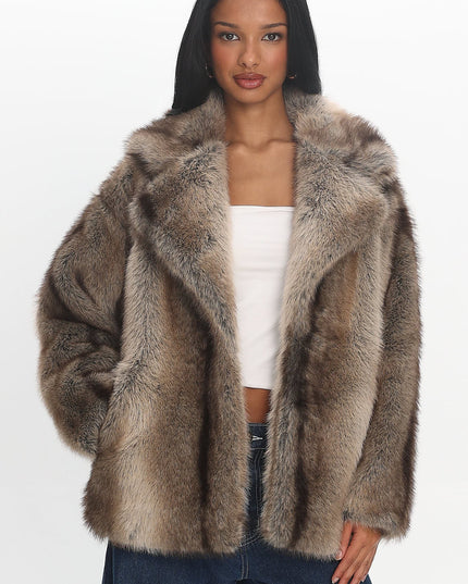 Brown Notch Lapel Faux Fur Coat