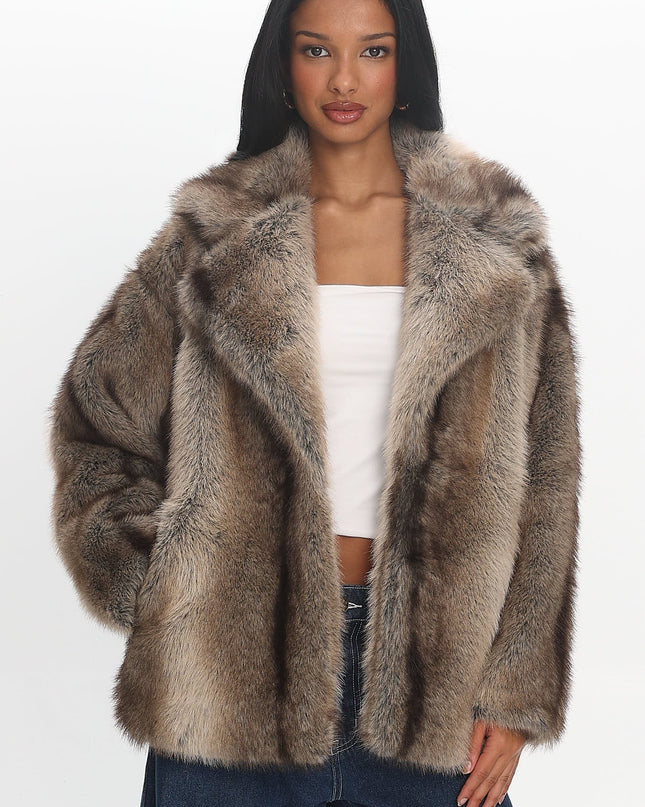 Brown Notch Lapel Faux Fur Coat