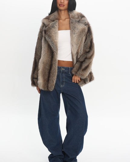 Brown Notch Lapel Faux Fur Coat