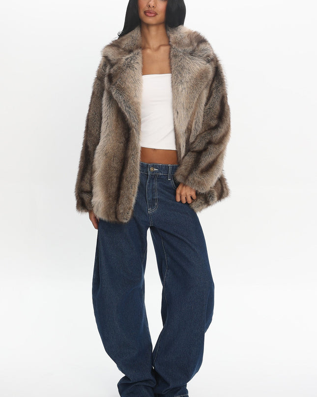 Brown Notch Lapel Faux Fur Coat