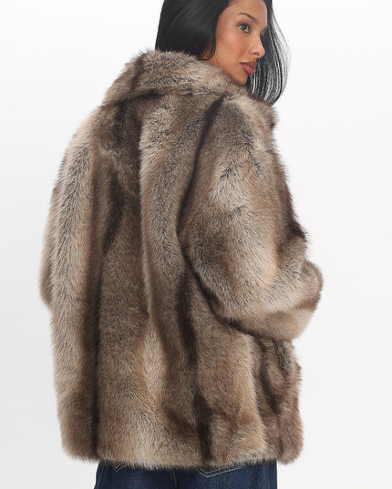 Brown Notch Lapel Faux Fur Coat