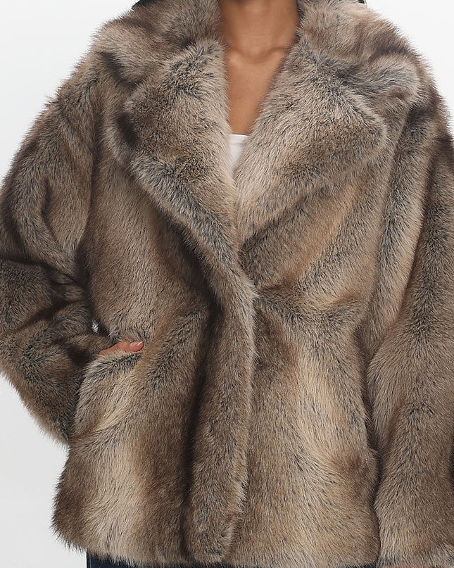 Brown Notch Lapel Faux Fur Coat